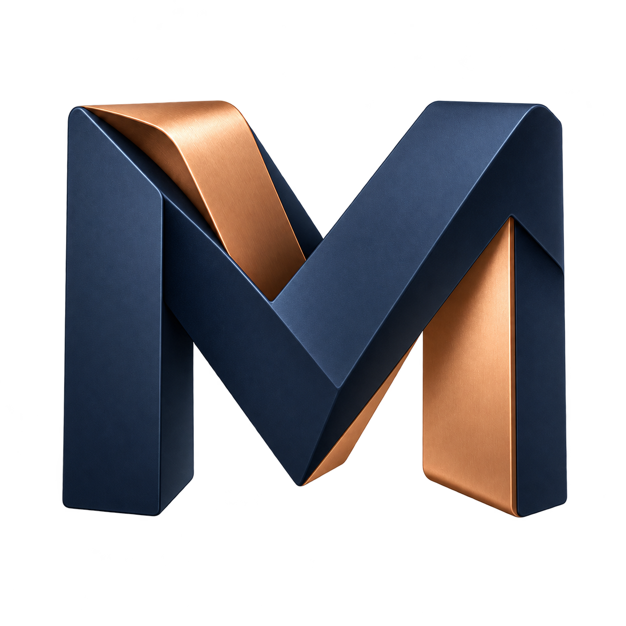 MikiMotion’s sculptural M, crafted from interlocking navy and copper forms